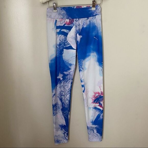 Shein Leggings Patterned Athletic Floral Blue - Picture 1 of 8